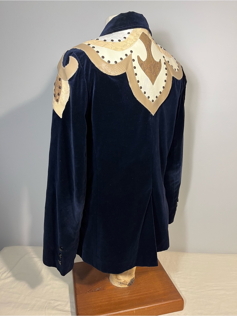 Navy Velvet Vintage Custom Upcycled Blazer Jacket Western Embellished - Picture 3 of 14